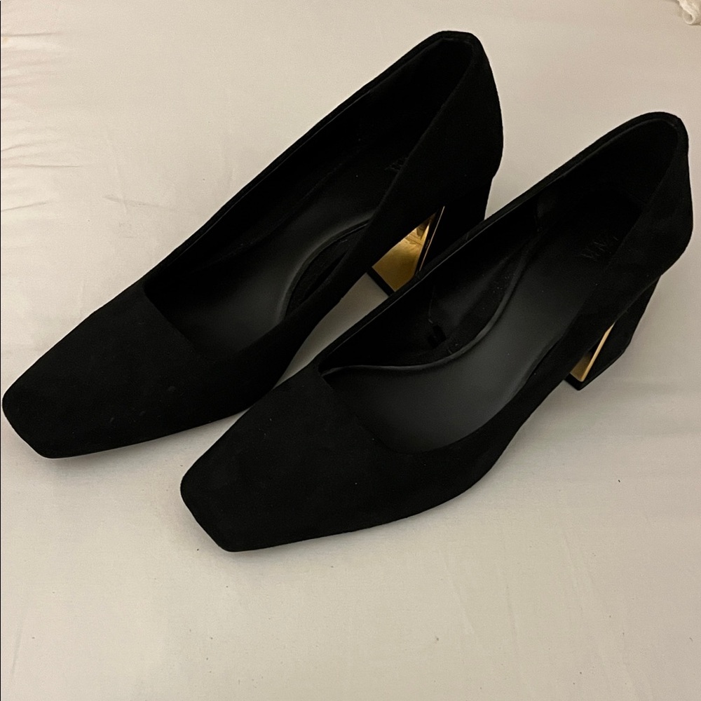 ZARA vegan suede block heel with gold size 39